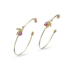 Floral Hoop Earrings in 18Kt Gold with Ruby and Diamonds