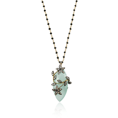 Long Black Diamond Chain Chalcedony Floral Pendant Necklace