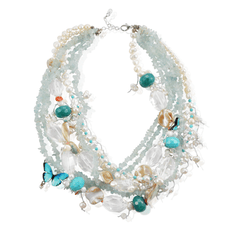 Layered Light Blue Rock Candy Pearl Butterfly Short Necklace