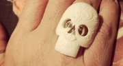 Hand Carved Sugar Skull Ring with Diamond Eyes