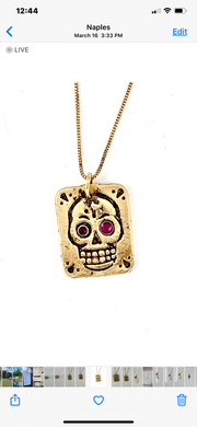 Sterling Silver Skull Square Necklace with Ruby Eyes